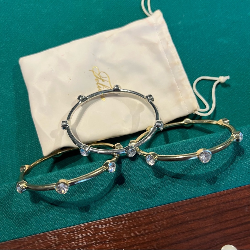 Silver and Gold pull-on Bracelets with clear gemstones, Set of three - Picture 3 of 5